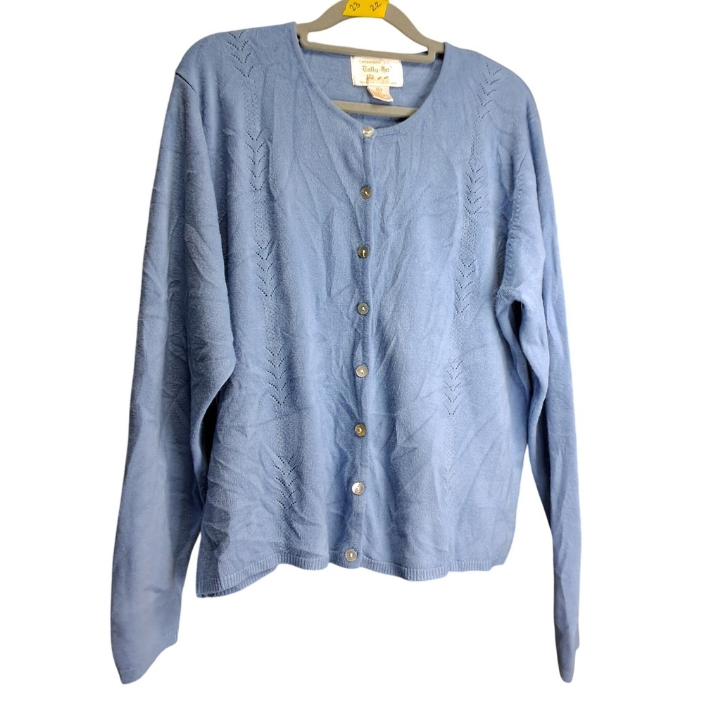 VTG Tally-Ho Cashmora Light Blue Pointelle Chevron Knit Button Cardigan XL - Picture 2 of 6